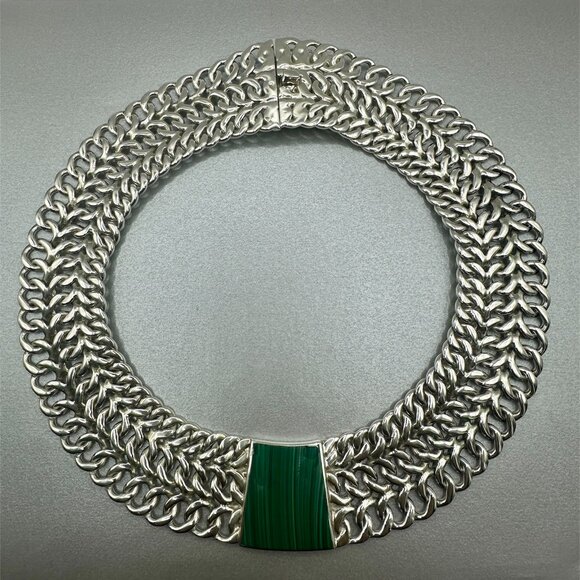 Marked Mexico 925 Vintage Malachite and Sterling Silver Modernist Necklace